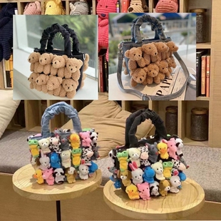 痞幼同款休闲女士牛仔布料手提包立体小熊公仔单肩斜挎包潮流女包