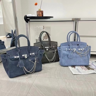 女包爆款网红牛仔布手提单肩斜挎包休闲裤兜设计横版链条铂金包