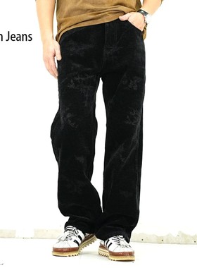 美式风黑色牛仔裤男潮牌冬季高级感提花绒面宽松直筒水洗个性长裤