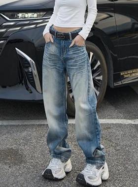 美式复古立体猫须牛仔裤男女cleanfit宽松直筒水洗做旧阔腿长裤子