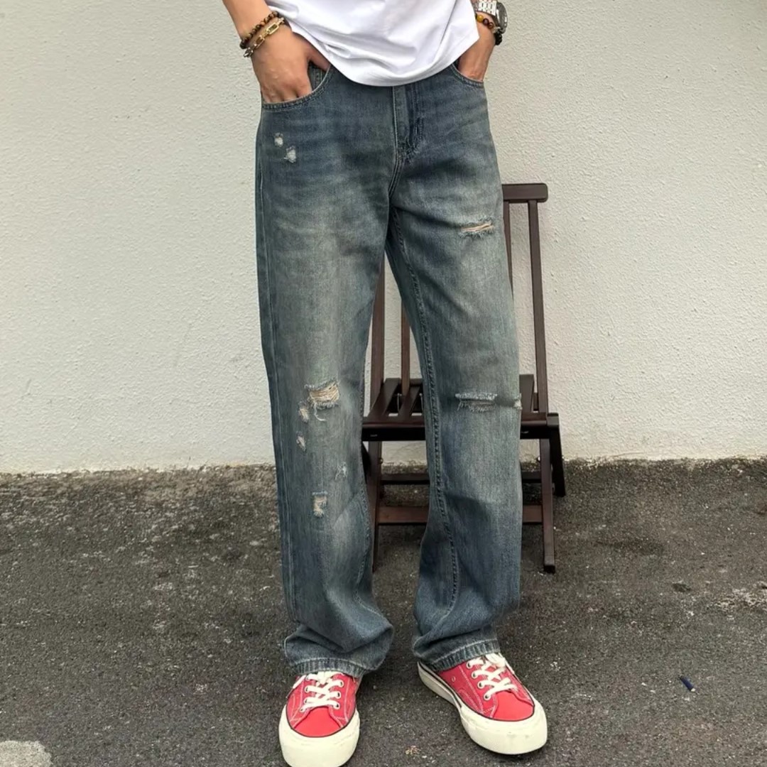 春夏美式复古破洞宽松直筒牛仔裤