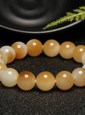 新疆和田玉天然玉石且末老料糖白聚宝盆男女款暖白圆珠手串链