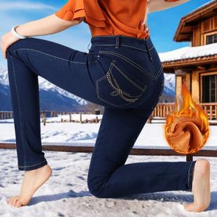冬季高腰中年直筒加绒牛仔裤女加厚棉裤大码弹力妈妈牛仔长裤带绒
