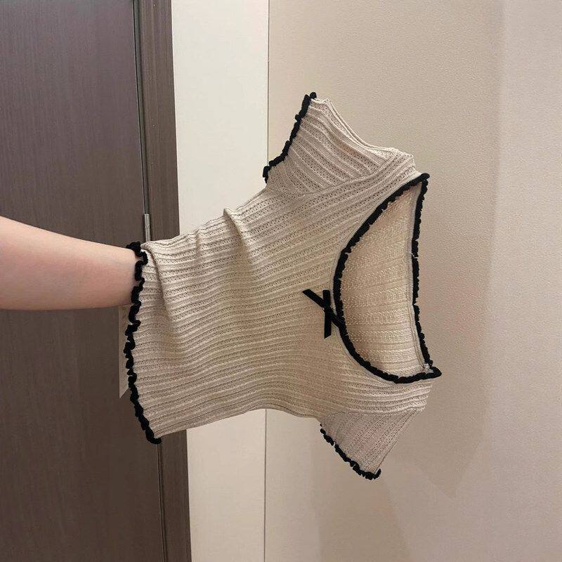 美式正肩撞色花边蝴蝶结冰丝针织短袖T恤女夏季紧身辣妹短款上衣