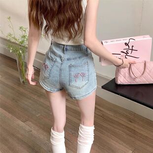 美式辣妹牛仔短裤女夏季新款高腰大码口袋刺绣a字超短裤紧身热裤
