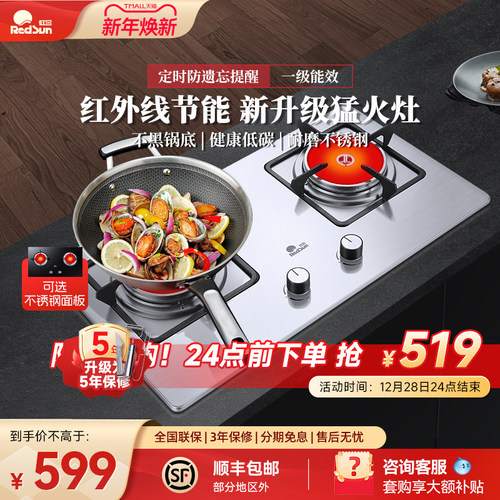 红日天然气双灶家用em208g不锈钢