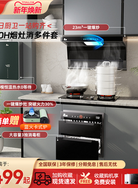 红日抽烟吸烟机7字顶侧双吸家用燃气灶消毒柜热水器LEU30H多件套