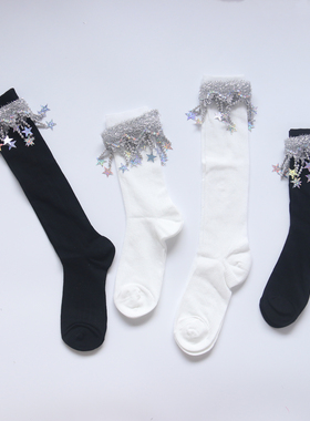 走秀表演袜子女款长2025年新款夏季小腿袜黑白色中流苏星星长筒袜
