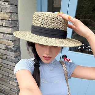 南法老钱平顶天然咸草手工编织草帽女夏镂空法式礼帽度假风遮阳帽