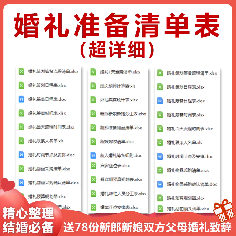 结婚婚前婚礼流程准备筹备准备物品采购清单日程安排表格资料