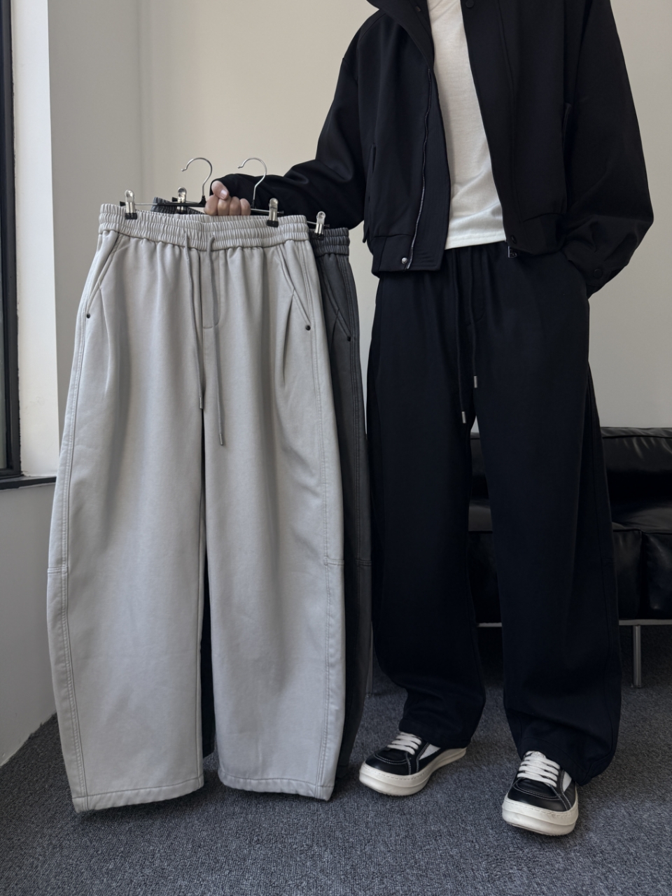 微腾冬季男水洗做旧直筒加绒休闲裤美式宽松加厚保暖阔腿痞帅长裤