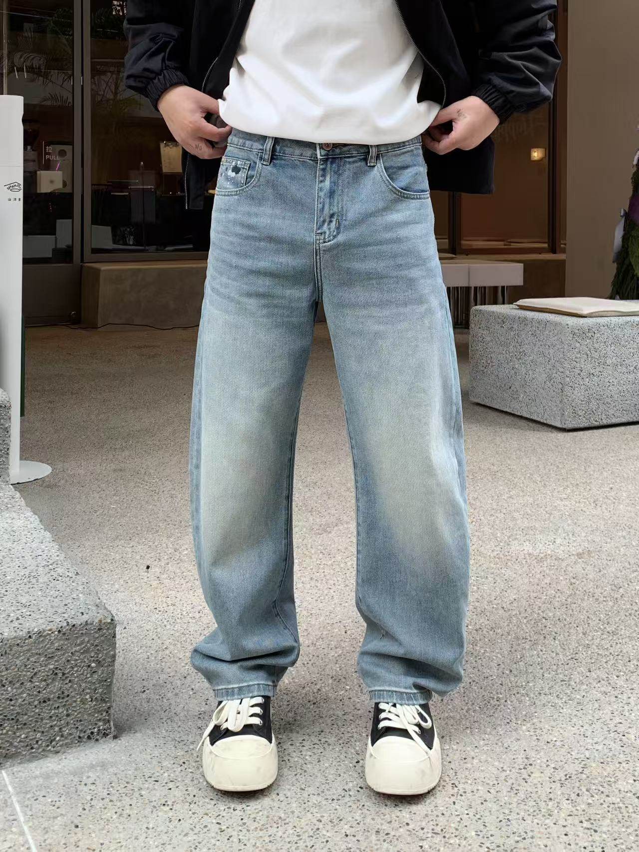 美式高品质水洗浅蓝色弹力小弯刀牛仔裤男春季潮牌做旧宽松阔腿裤,男装,休闲裤,淘宝优惠券,粉丝福利购,淘宝优惠卷