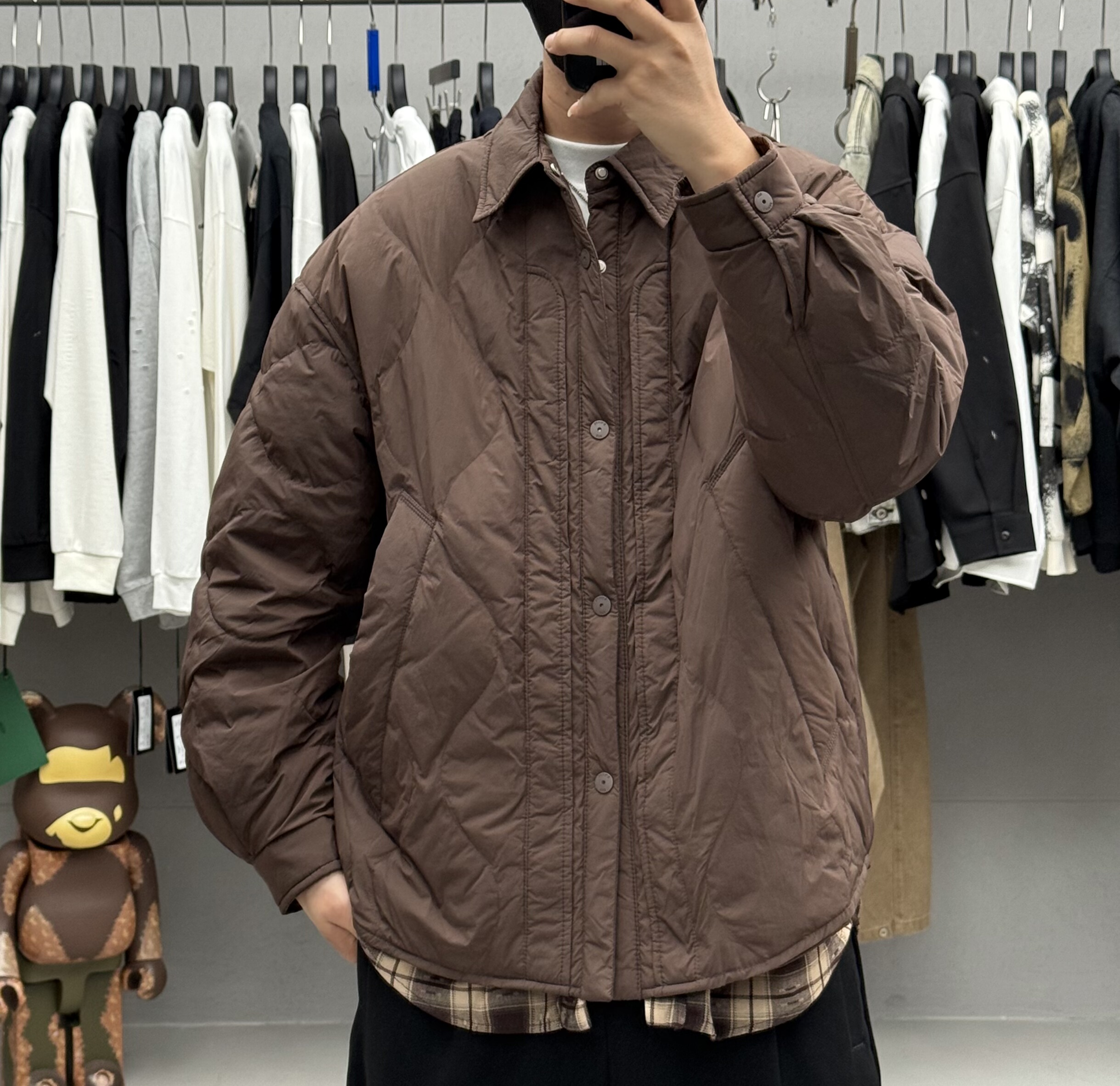 复古格子衬衫拼接假两件翻领羽绒服男冬季轻薄款通勤90白鸭绒外套