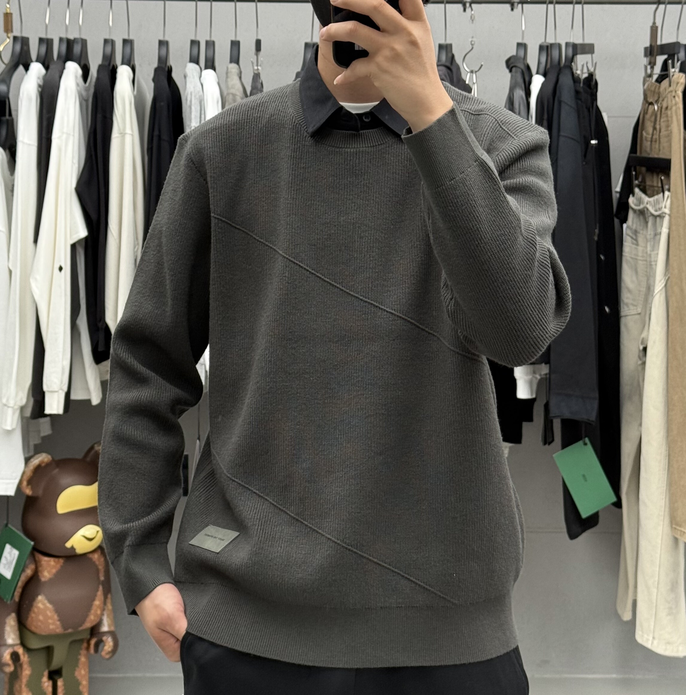 美式复古假两件拼接衬衫领套头毛衣男秋冬休闲加厚保暖针织打底衫