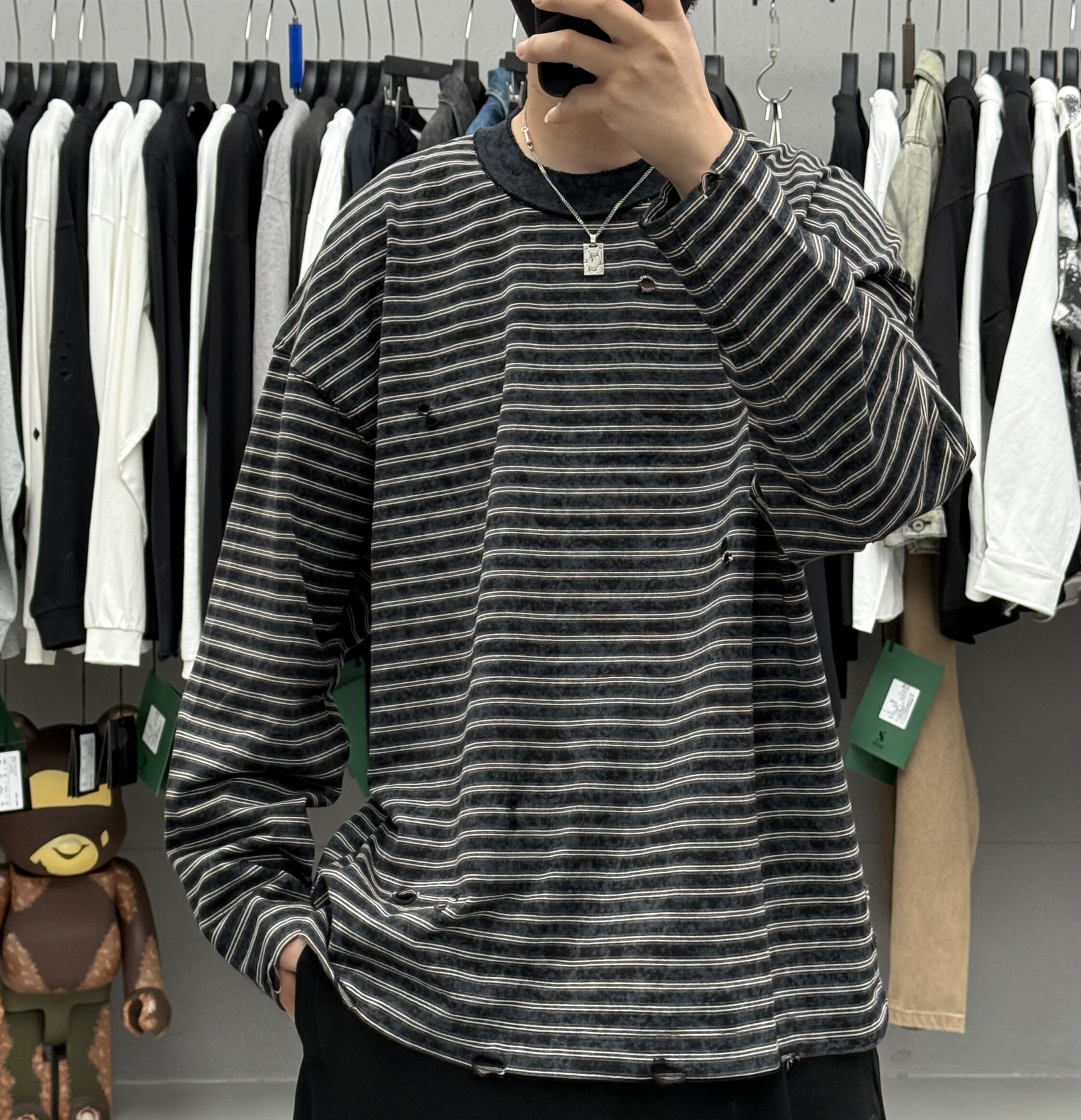 日系复古做旧破洞条纹圆领长袖T恤男秋冬重磅加厚休闲宽松卫衣潮