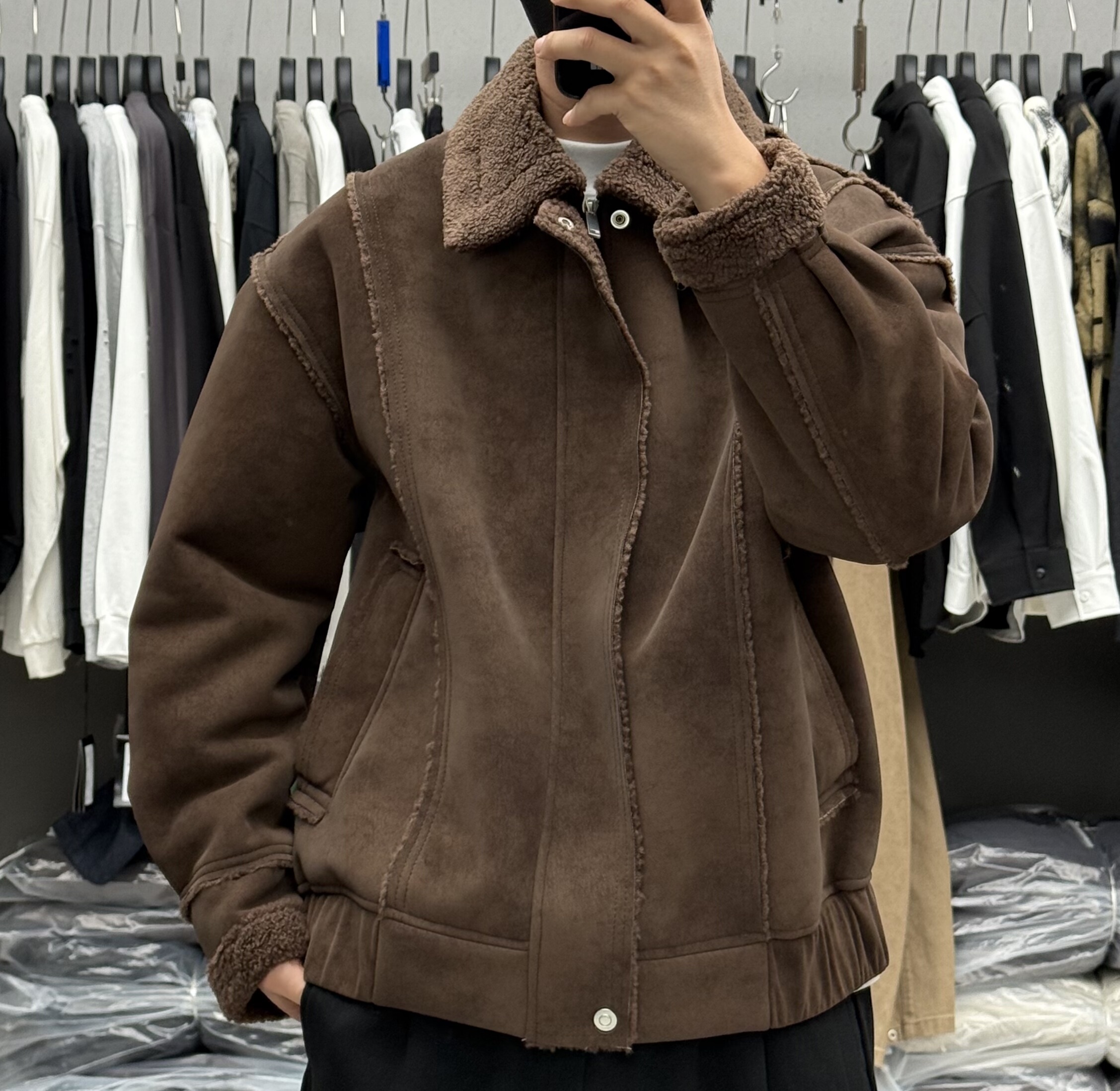 高介冬季男轻奢复古翻领皮毛一体加绒外套美式宽松保暖羊羔绒皮衣