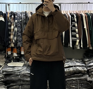 日系纯色半拉链连帽套头羽绒服冬季新款男重磅宽松工装保暖外套潮