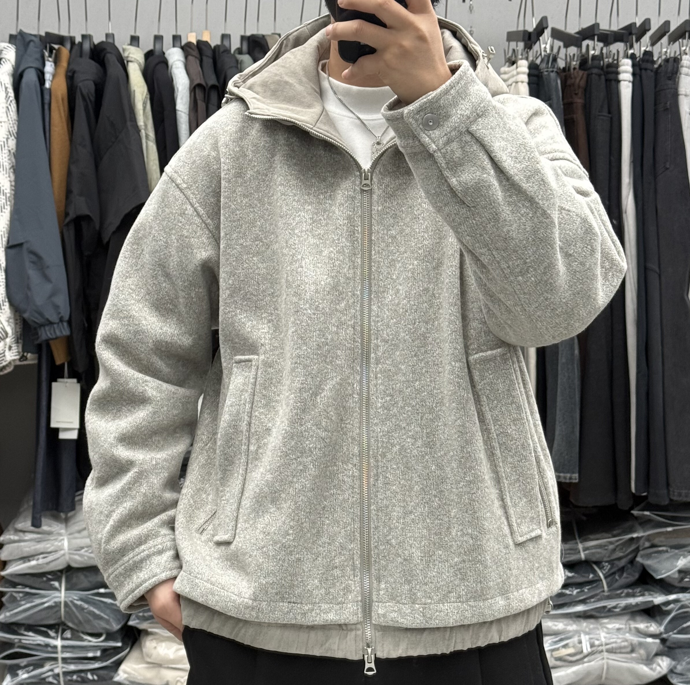 H-ZK冬季男设计感拼接假两件连帽羽绒服美式宽松保暖羊毛呢子外套