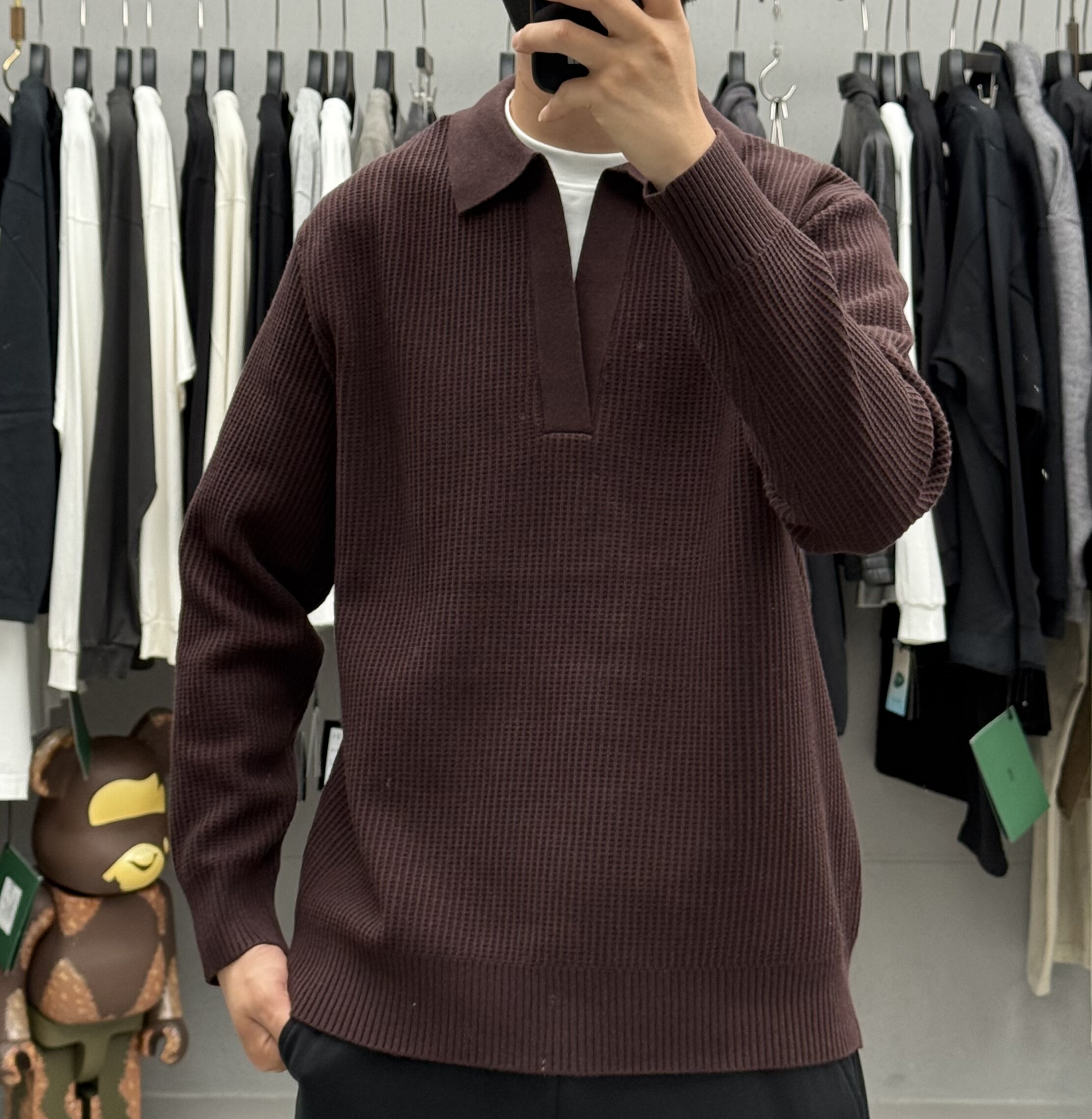 复古肌理感海鸥领假两件拼接套头毛衣男秋冬加厚保暖打底针织衫潮