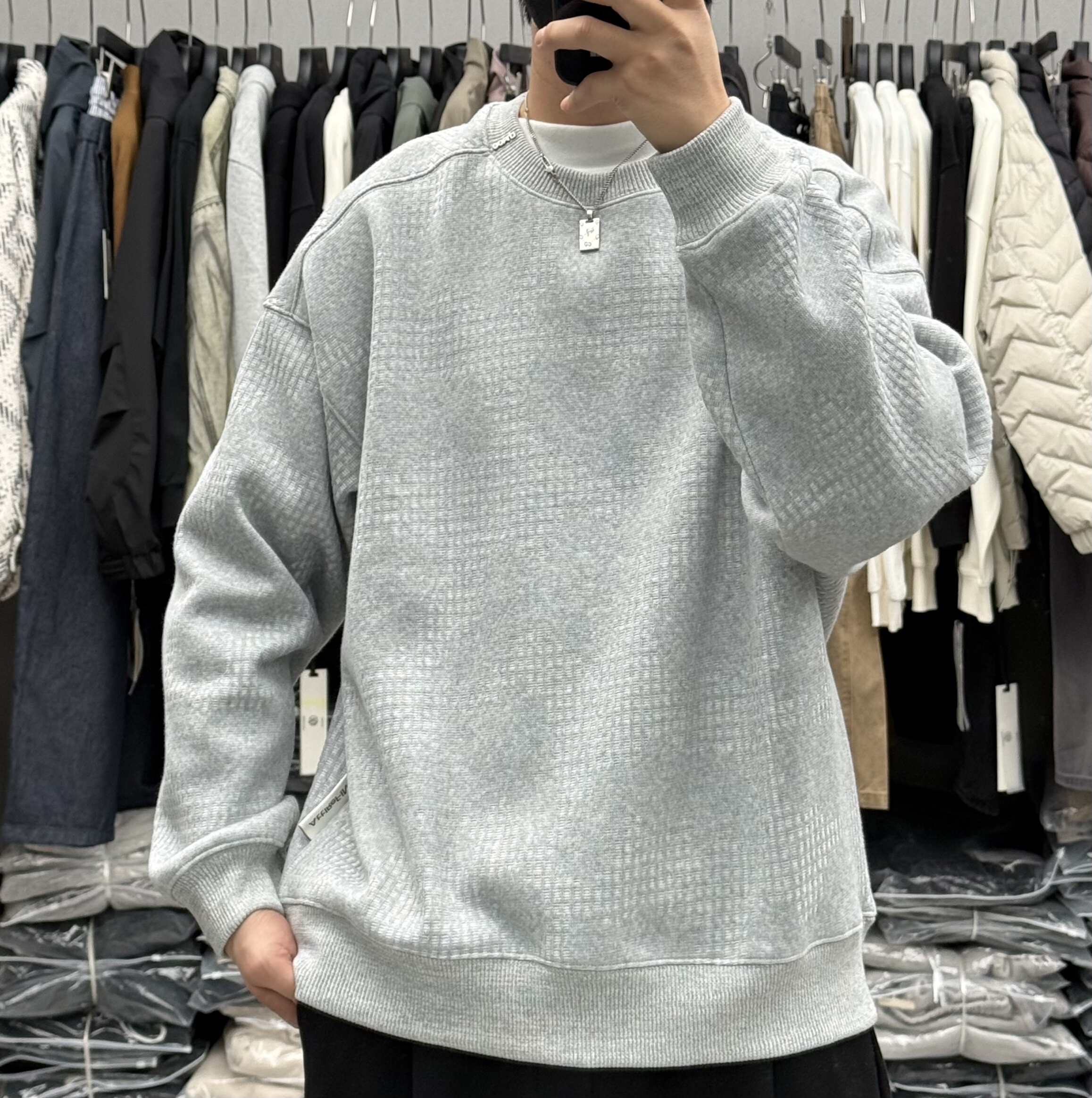 BY3冬季男高品质纯色肌理感圆领加绒卫衣美式休闲加厚保暖上衣潮