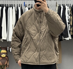 日系高级感菱形格两面穿立领短款羽绒服男冬季户外保暖通勤外套潮