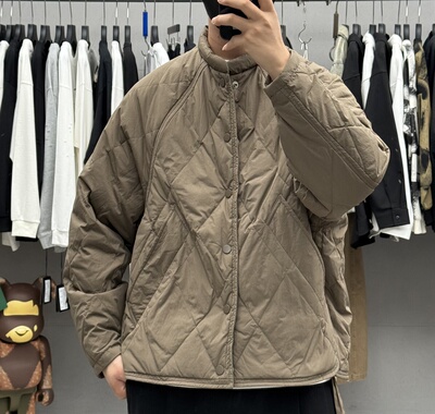 日系高级感菱形格两面穿立领短款羽绒服男冬季户外保暖通勤外套潮