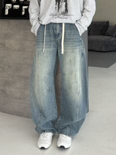 高街宽松弯刀长裤 美式 男潮牌立体拼接剪裁做旧直筒牛仔裤 互道春季