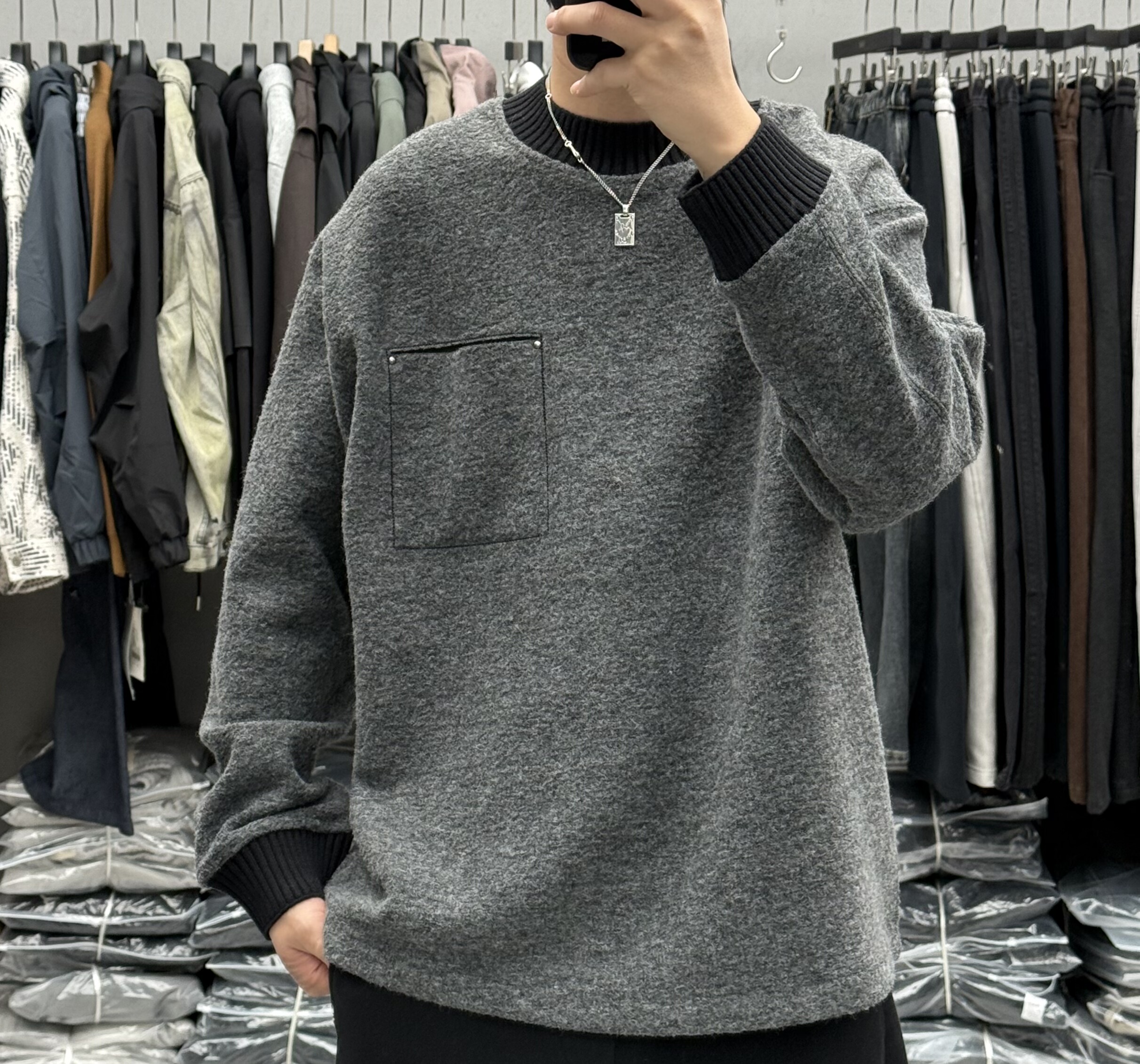 潮牌设计感拼接口袋羊毛针织圆领加绒卫衣男冬季加厚保暖百搭上衣