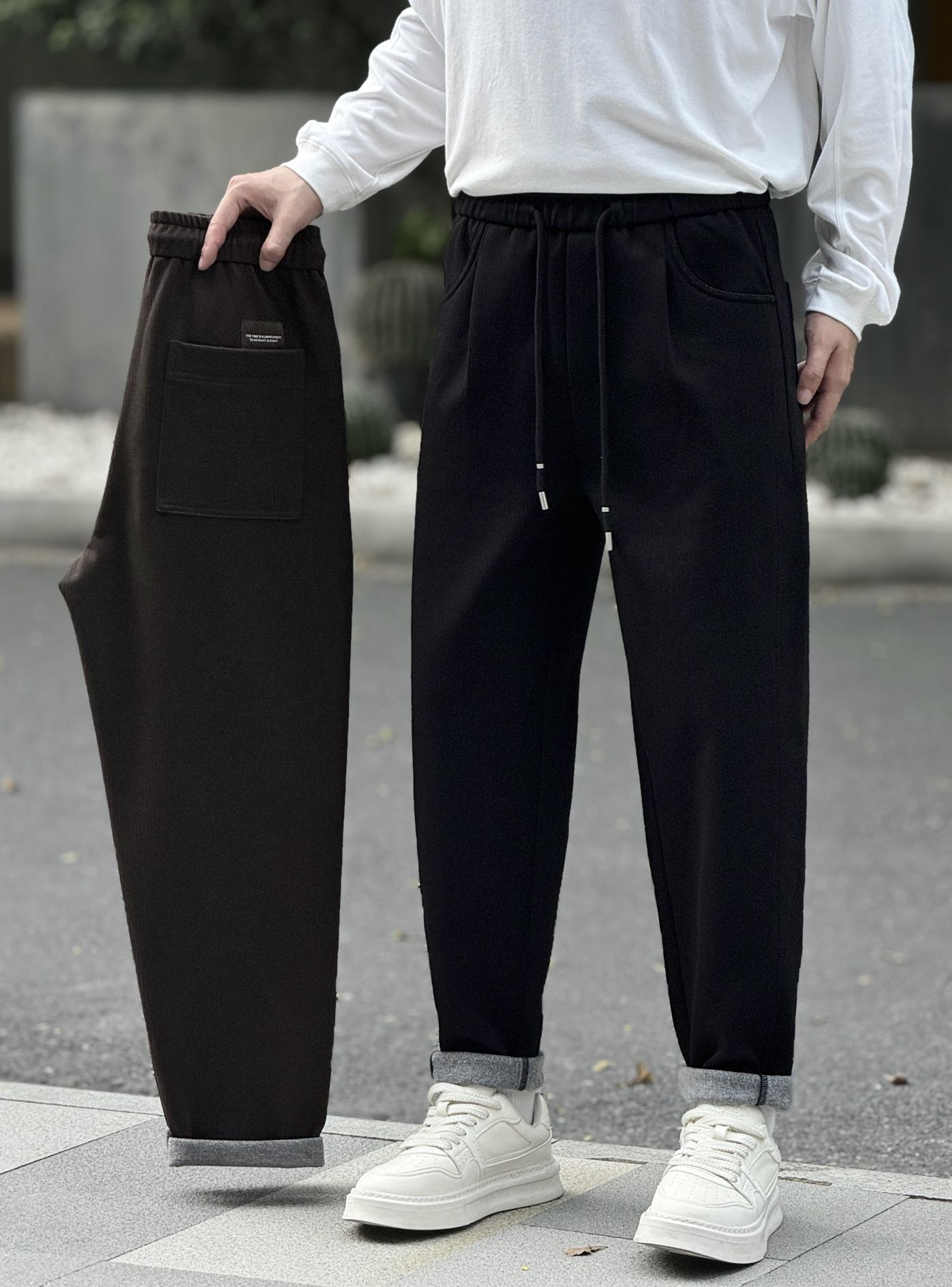 互道秋冬男高级感纯色加绒加厚休闲裤美式宽松通勤小直筒显瘦长裤