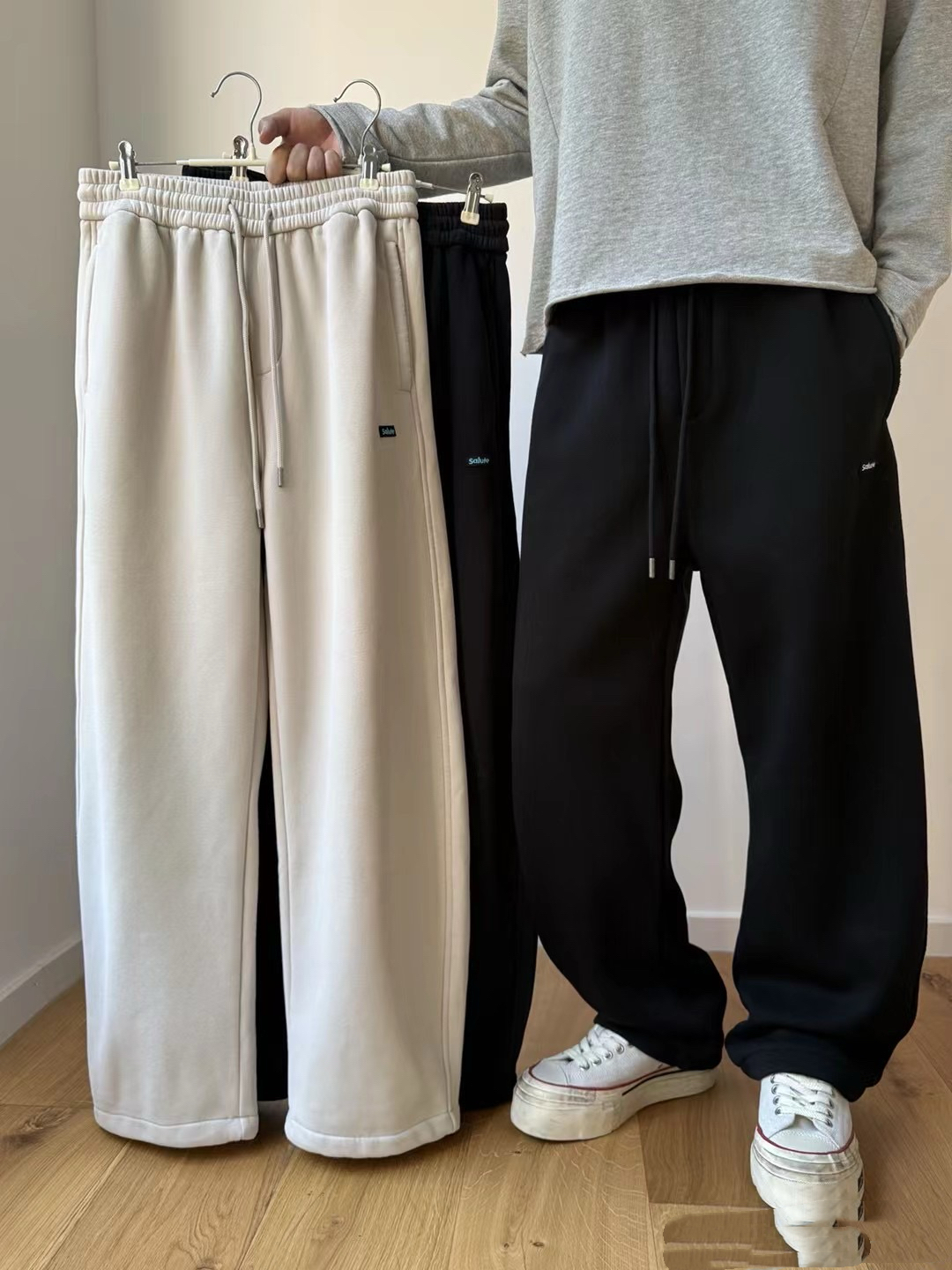 微腾冬季男高端简约刺绣直筒加绒休闲裤美式宽松保暖针织阔腿长裤