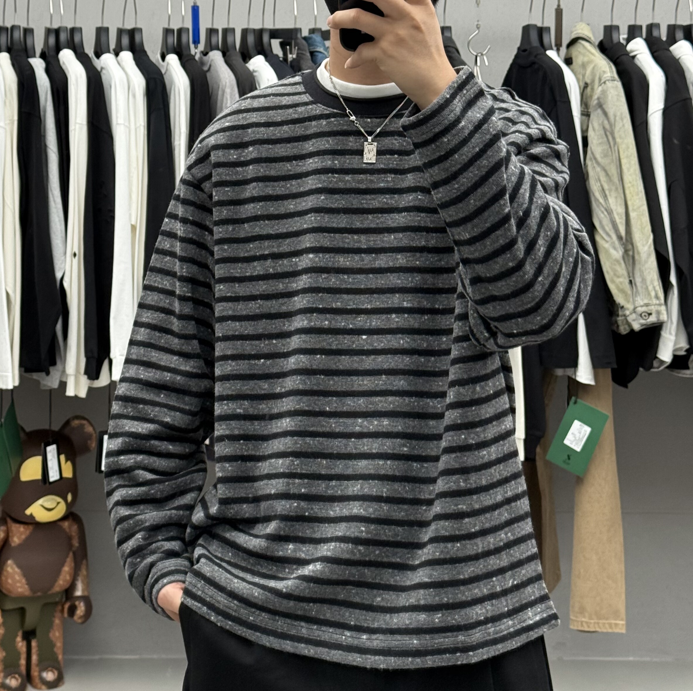 宿冶秋冬男高级感复古条纹圆领长袖T恤韩系宽松磨毛加厚保暖卫衣