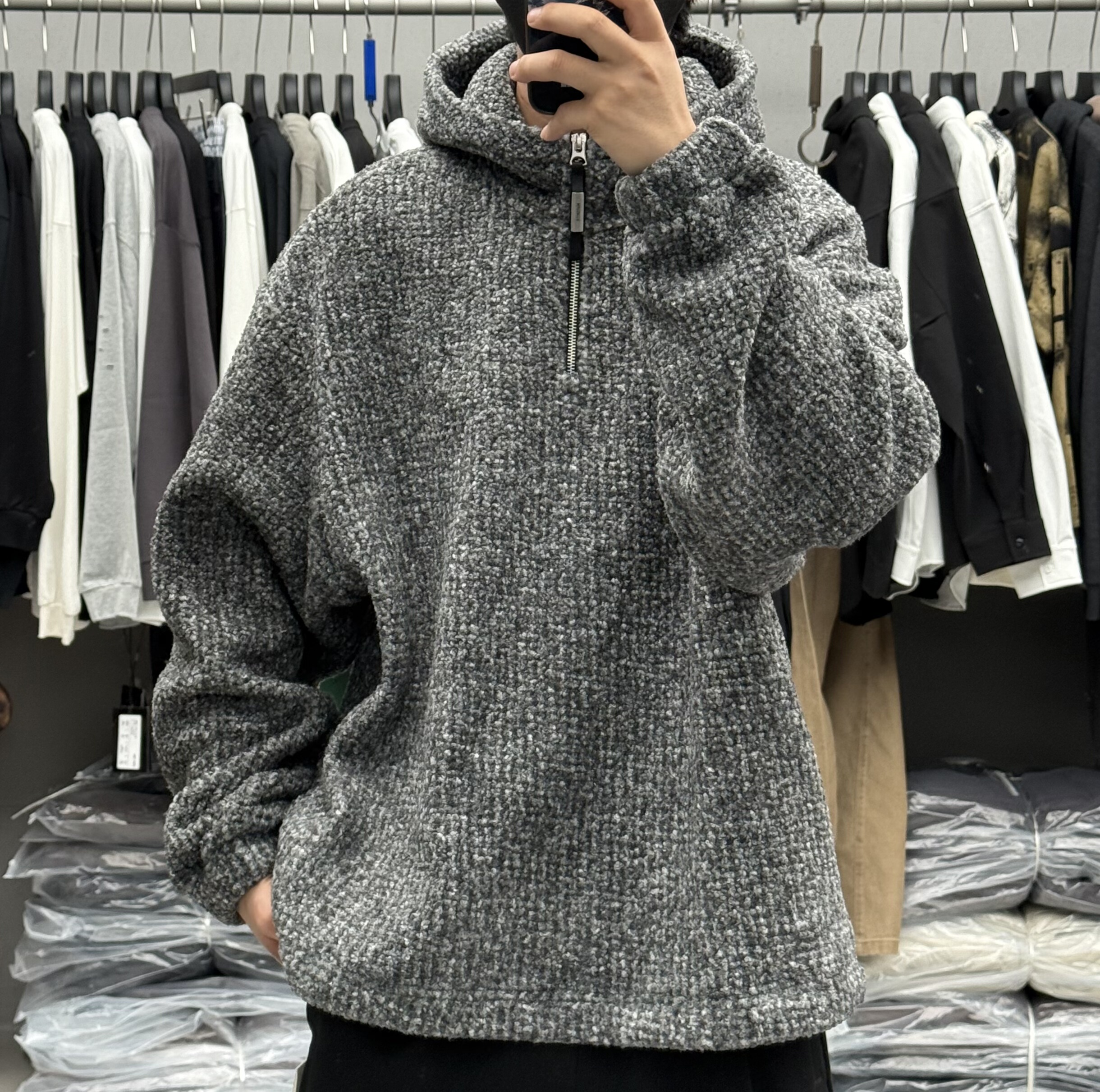 首印冬季男小香风半拉链加绒连帽卫衣美式复古重磅慵懒风呢料外套