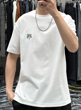 EXO夏季新款男手工彩绘烟花刺绣圆领短袖T恤韩版修身百搭薄款半袖