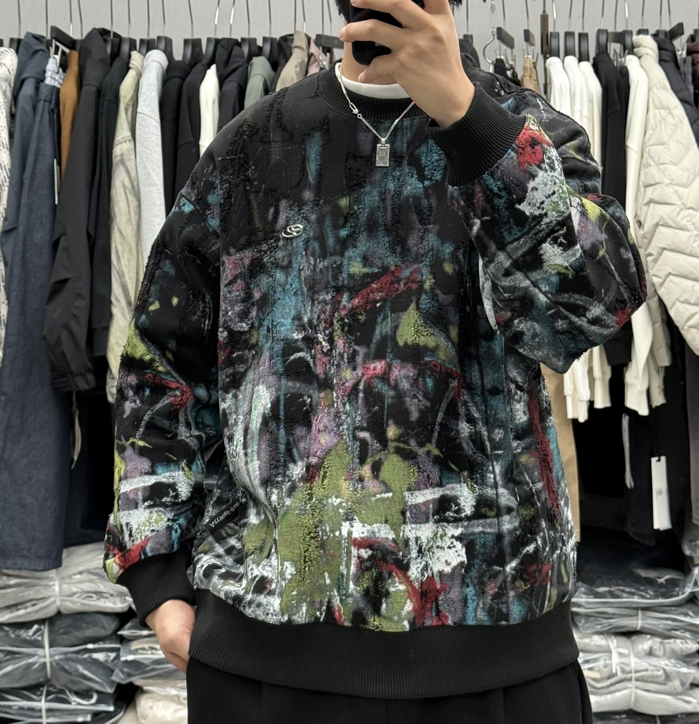 BY3秋冬男高端油画泼墨涂鸦印花加绒卫衣美式加厚宽松保暖上衣潮