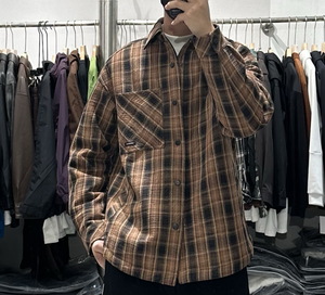 H-ZK冬季男高级感拼色格子翻领工装羽绒服日系复古保暖衬衫外套潮