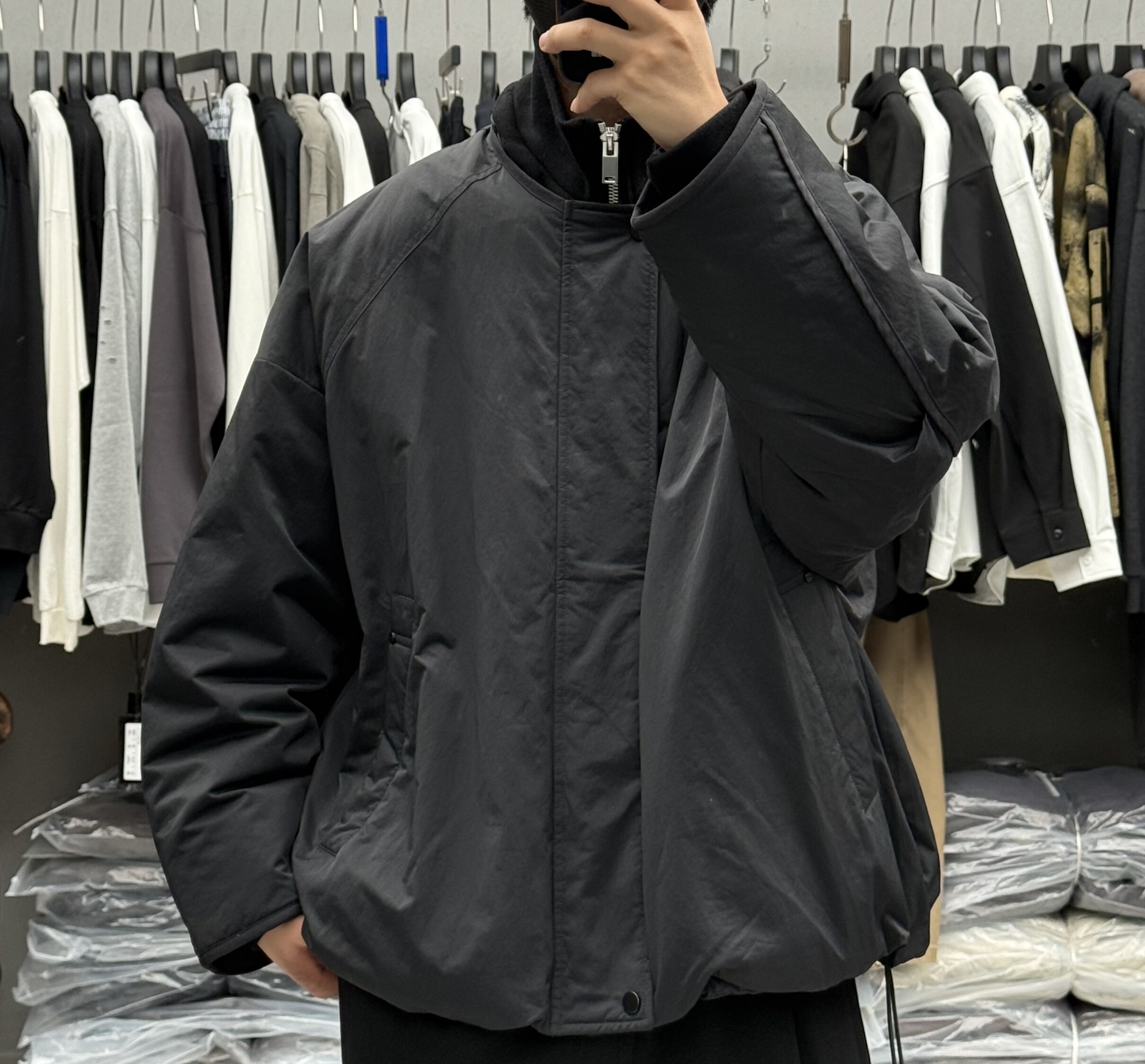 JNV冬季男羊毛拼接双层立领假两件羽绒服日系复古宽松白鸭绒外套