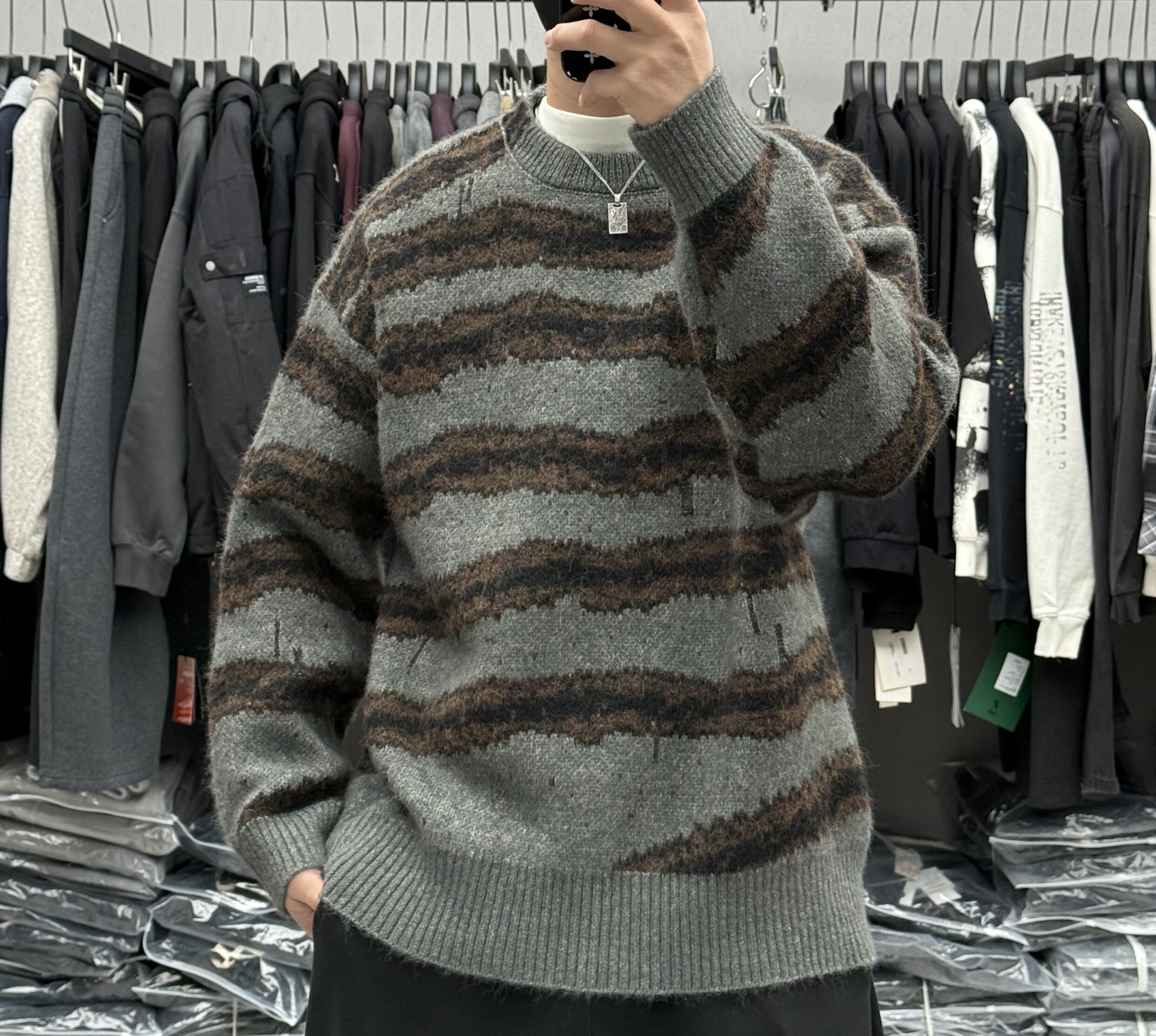 美式复古撞色条纹圆领毛衣男冬季慵懒风宽松百搭保暖羊毛针织衫潮,男装,针织衫/毛衣,淘宝优惠券,粉丝福利购,淘宝优惠卷