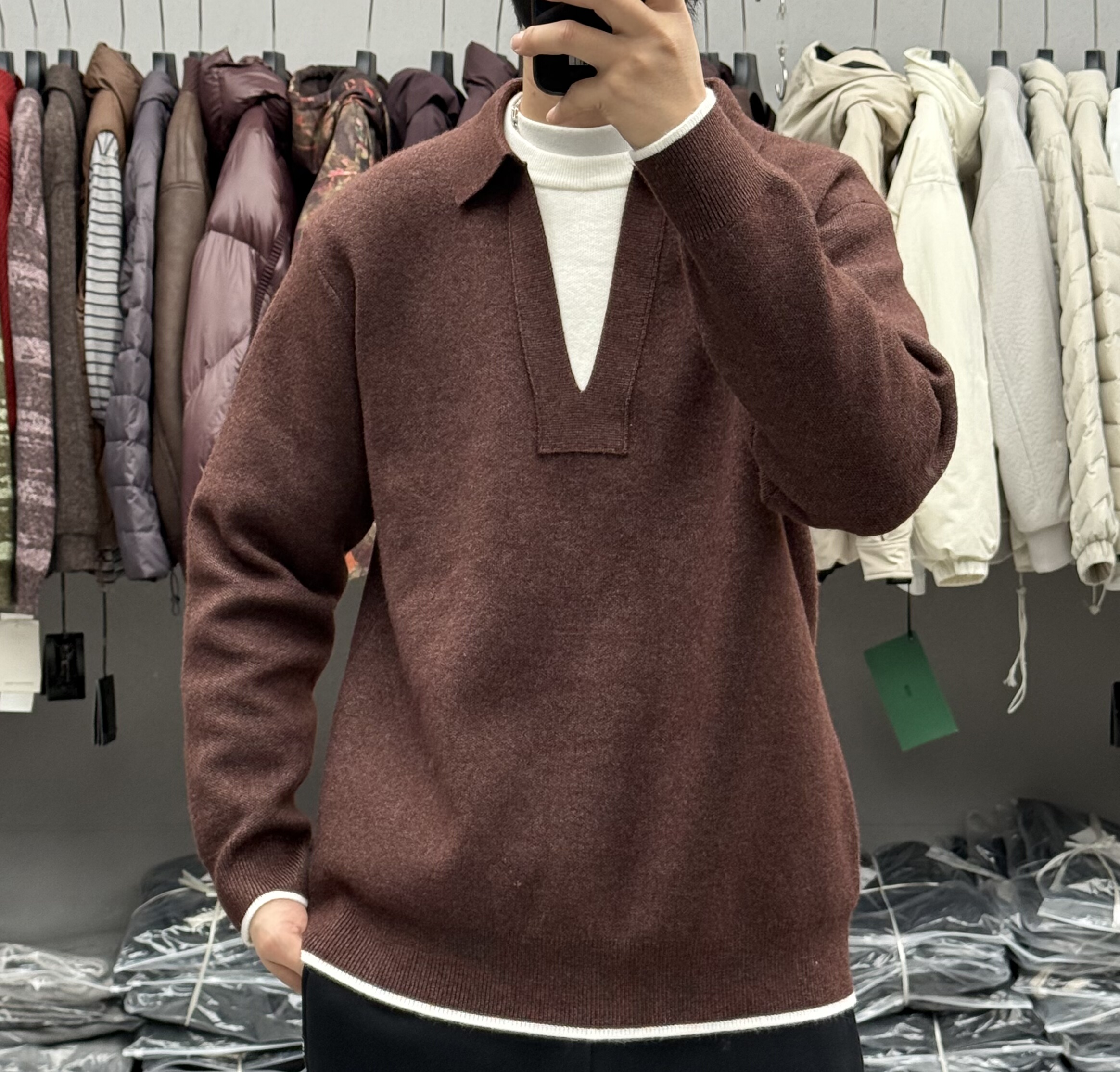 复古海鸥V领假两件拼接翻领套头毛衣男秋冬加厚保暖打底针织衫潮