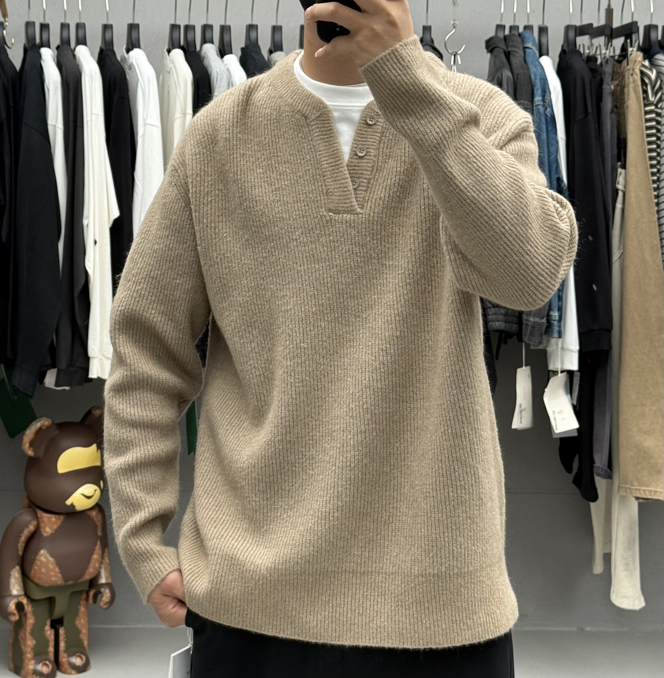 高端设计感假两件拼接V领针织衫男秋冬韩版百搭通勤保暖羊毛衫潮