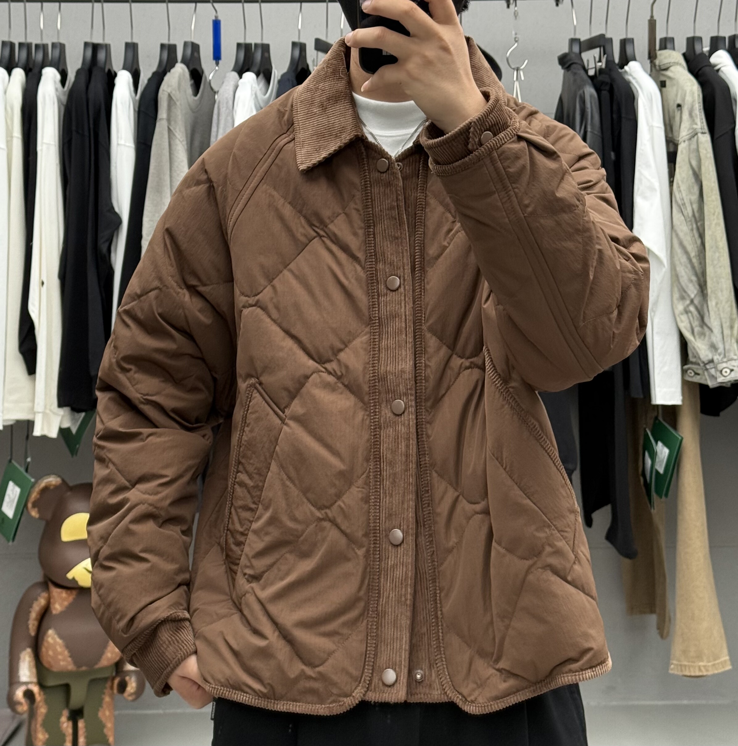 灯芯绒拼接菱形格翻领轻薄款羽绒服男冬季休闲保暖90白鸭绒外套潮