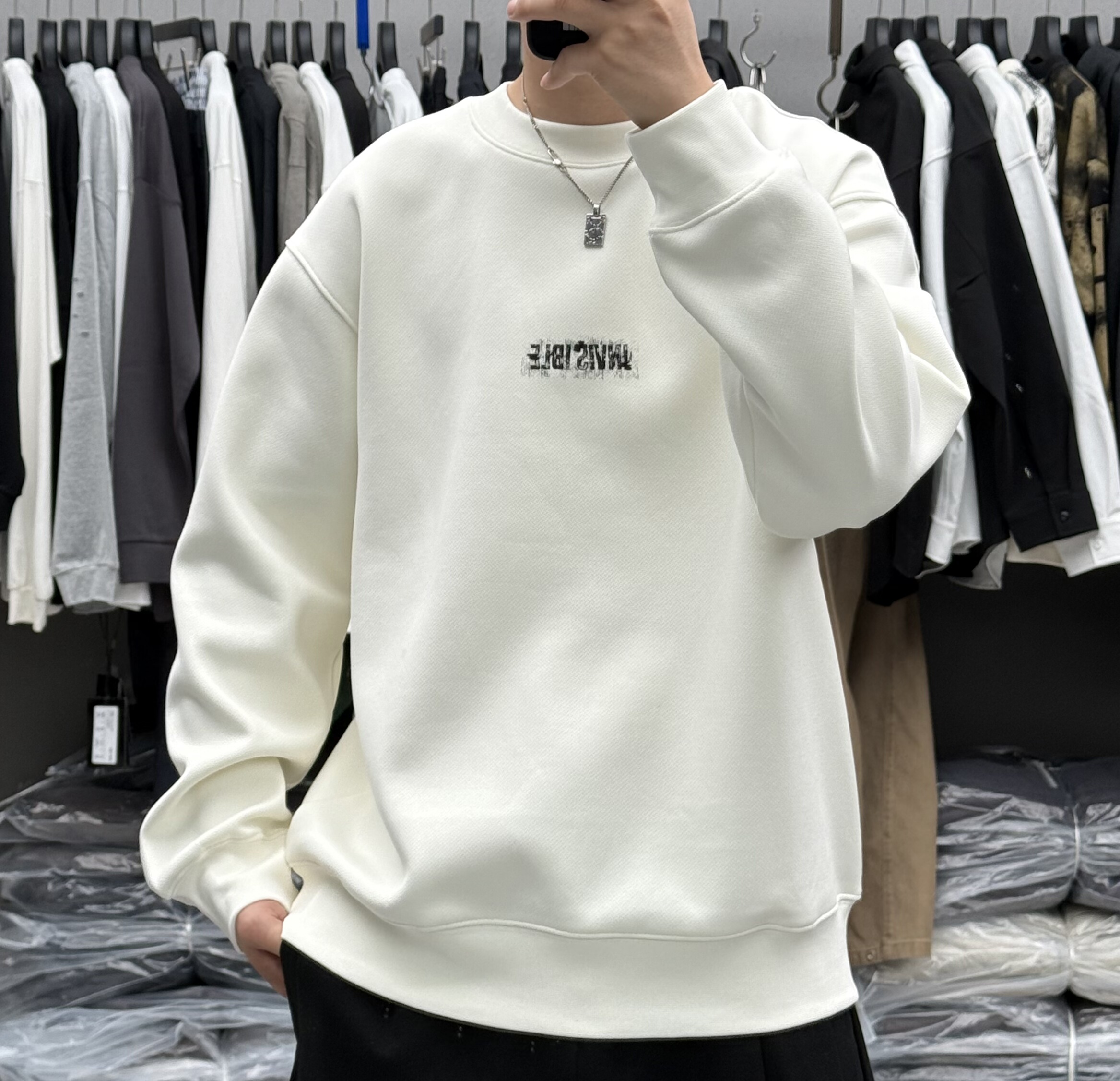 宿冶秋冬新款男高级感字母印花圆领加绒卫衣美式宽松加厚保暖上衣