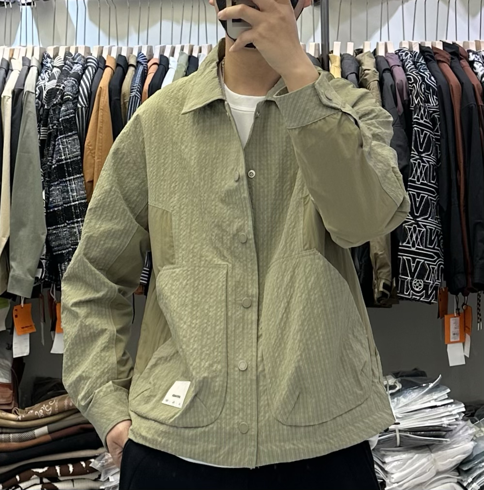 稻禹2024春夏新款男拼接肌理感翻领夹克韩版百搭修身显瘦轻薄外套