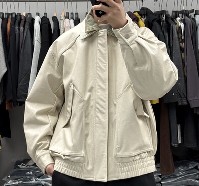 美式复古牛仔拼接假两件翻领Pu皮羽绒服男冬季潮流休闲抗风外套潮