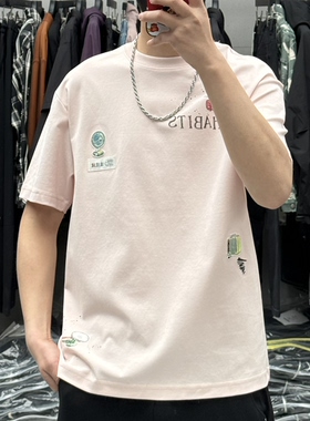 EXO夏季男高品质卡通刺绣贴标圆领短袖T恤美式休闲痞帅修身半袖潮