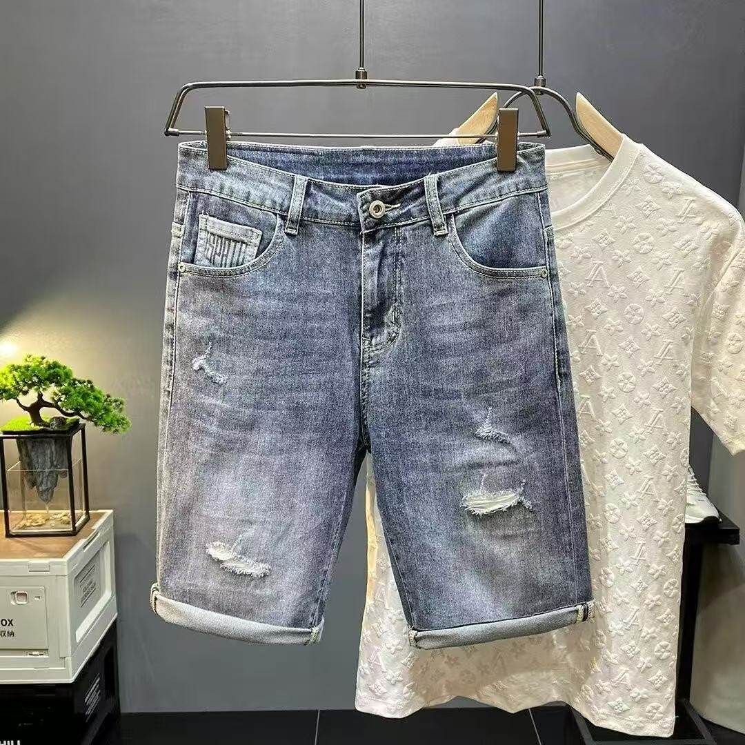 破洞牛仔五分裤男士2025夏季韩版休闲短裤弹力潮流修身网红中裤,男装,短裤,淘宝优惠券,粉丝福利购,淘宝优惠卷