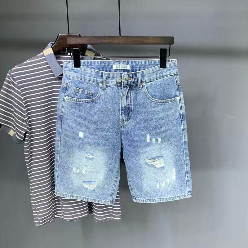 夏季个性破洞牛仔短裤男款时尚潮流痞帅休闲五分裤浅蓝色破烂中裤,男装,短裤,淘宝优惠券,粉丝福利购,淘宝优惠卷