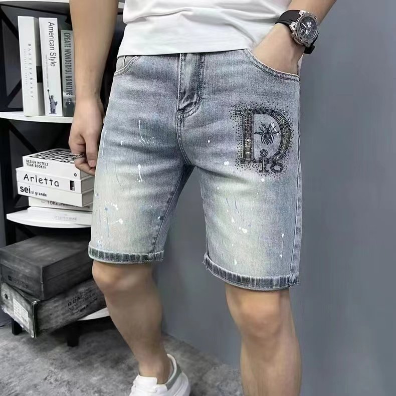 牛仔短裤男夏季薄款个性烫钻修身小脚泼墨印花韩版潮流弹力五分裤,男装,短裤,淘宝优惠券,粉丝福利购,淘宝优惠卷