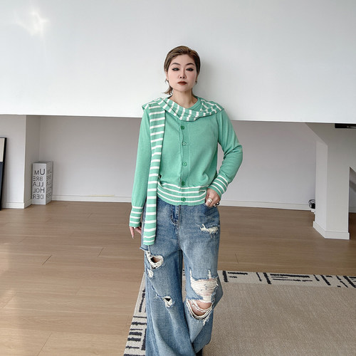 大码女装胖mm撞色针织开衫