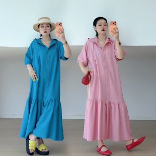 时髦连帽开襟连衣裙大码女装宽松泡泡袖200斤胖mm拼接褶皱鱼尾裙