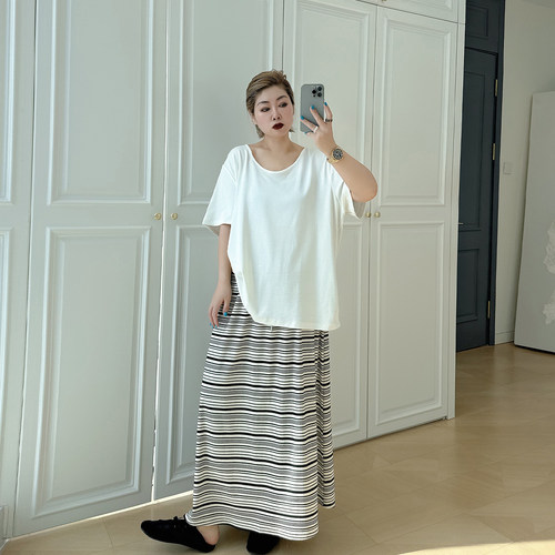 大码女装胖mm高腰条纹半身裙